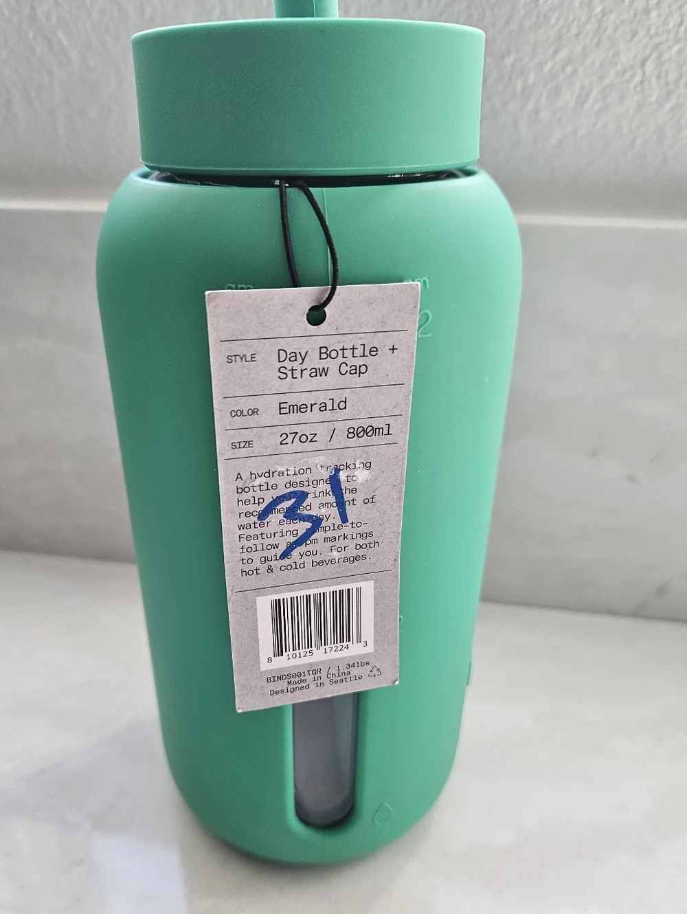 Bink Teal Glass Water Bottle with Straw - Picture 3 of 6
